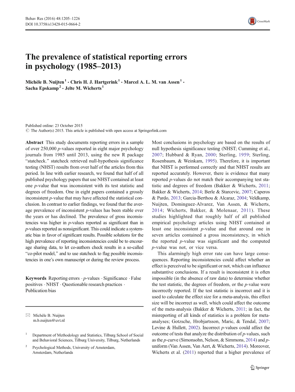The Prevalence of Statistical Reporting Errors in Psychology (1985–2013)