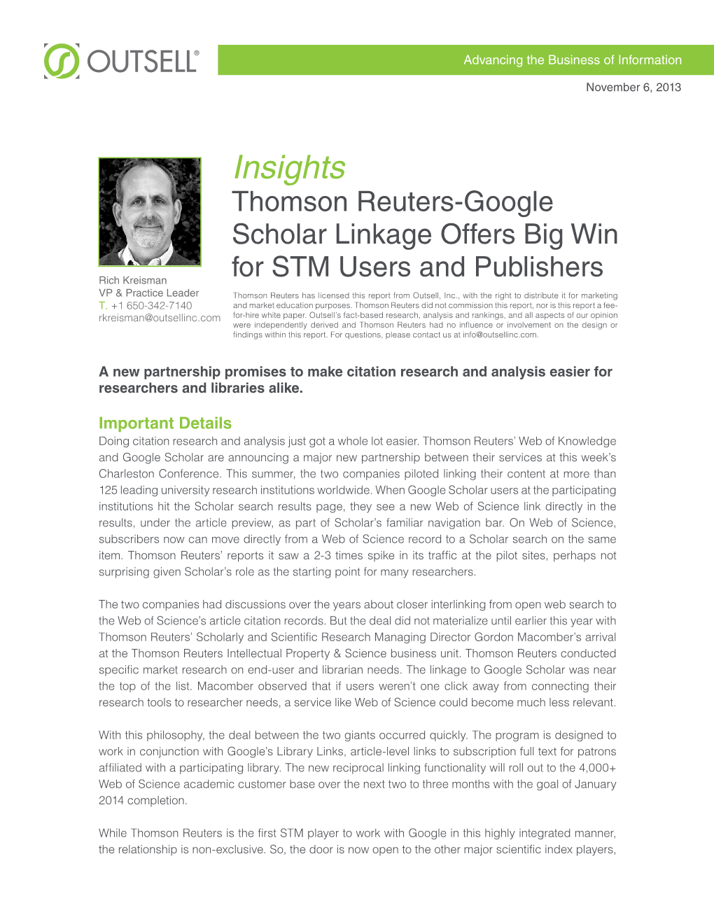 OUTSELL Thomson Reuters Google Scholar Linkage