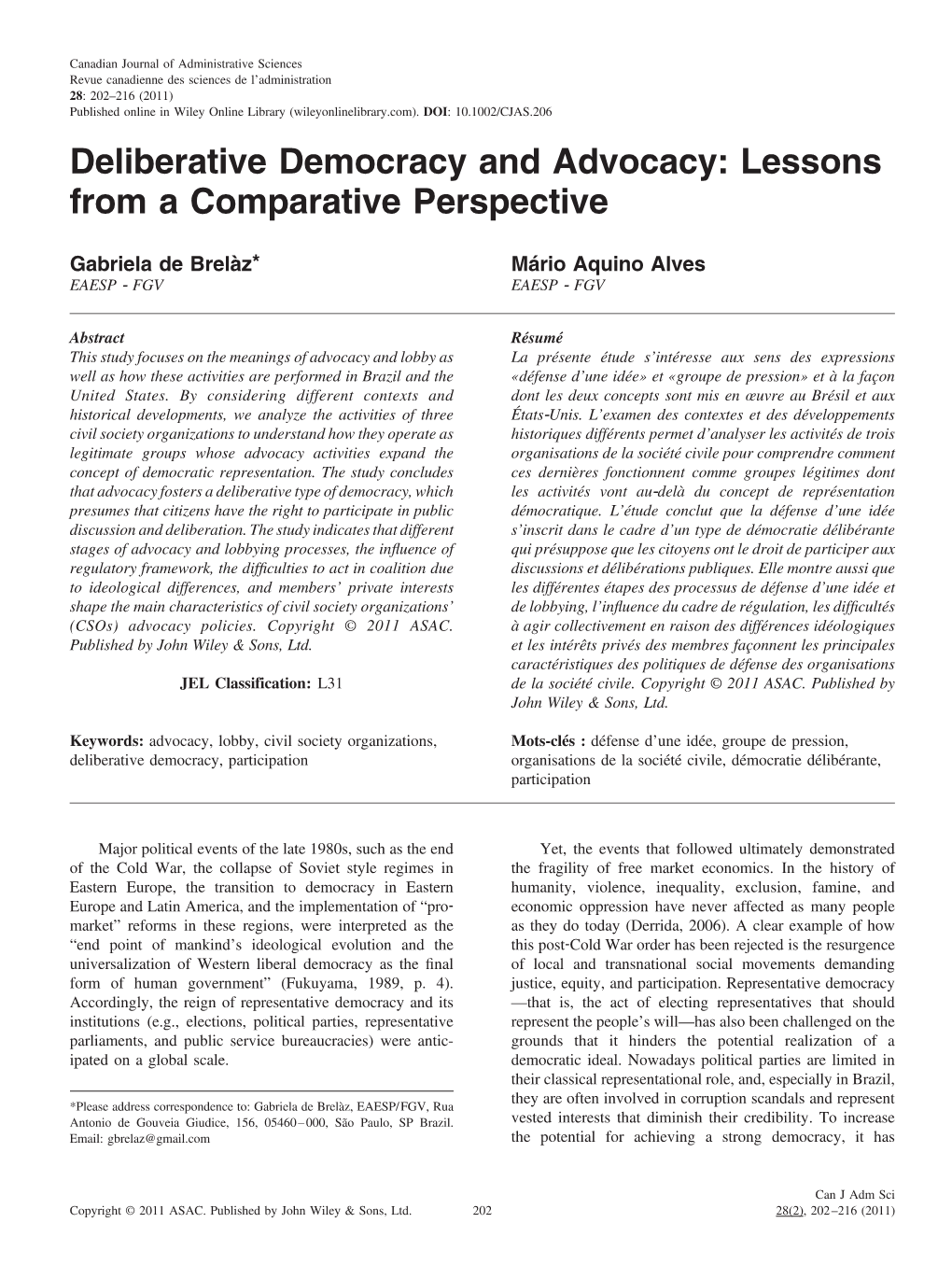 Deliberative Democracy and Advocacy: Lessons from a Comparative Perspective