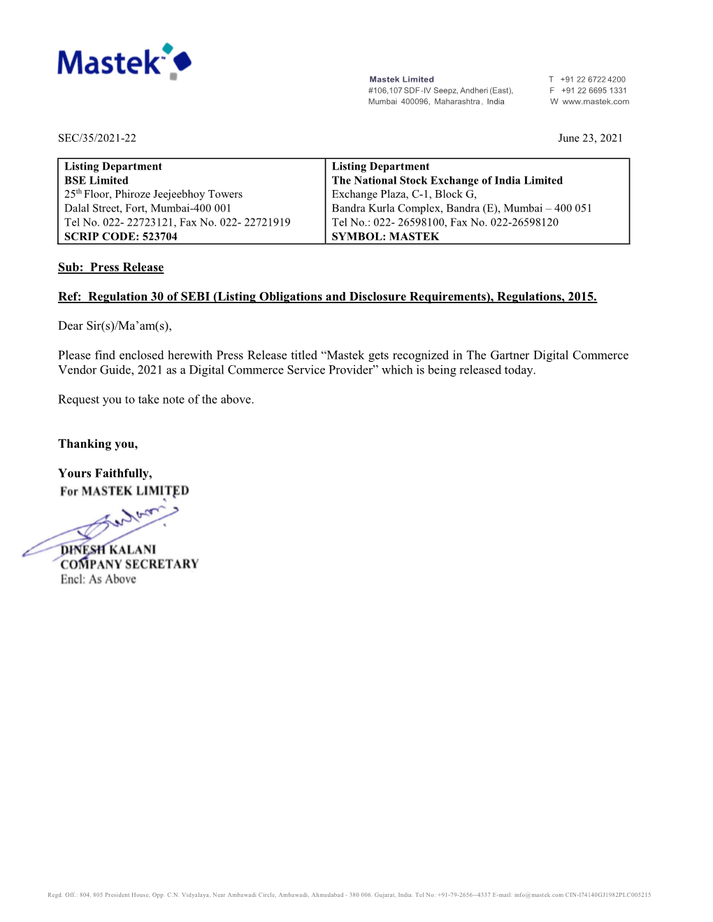 Sub: Press Release Ref: Regulation 30 of SEBI (Listing Obligations and Disclosure Requirements)