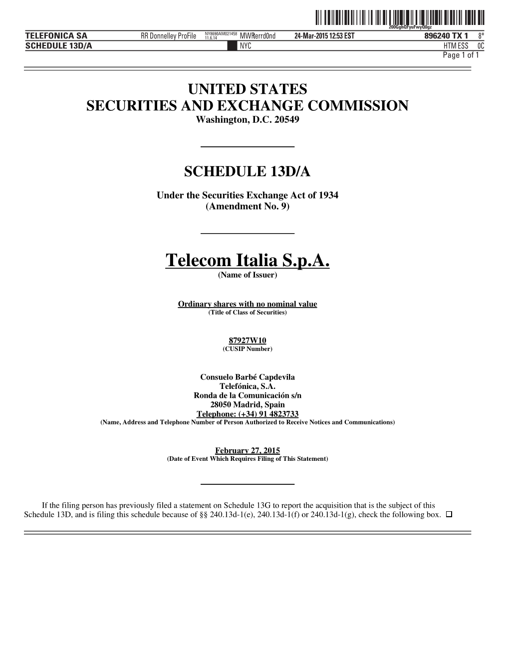 Telecom Italia S.P.A. (Name of Issuer)