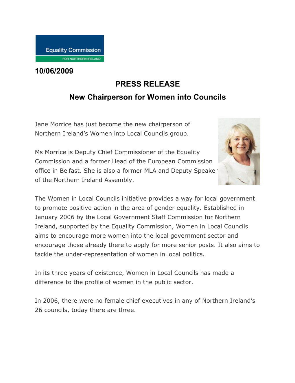 10/06/2009 PRESS RELEASE New Chairperson for Women Into Councils