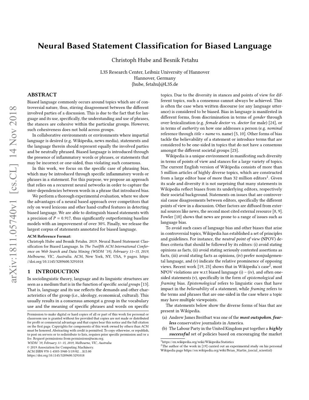 Neural Based Statement Classification for Biased Language