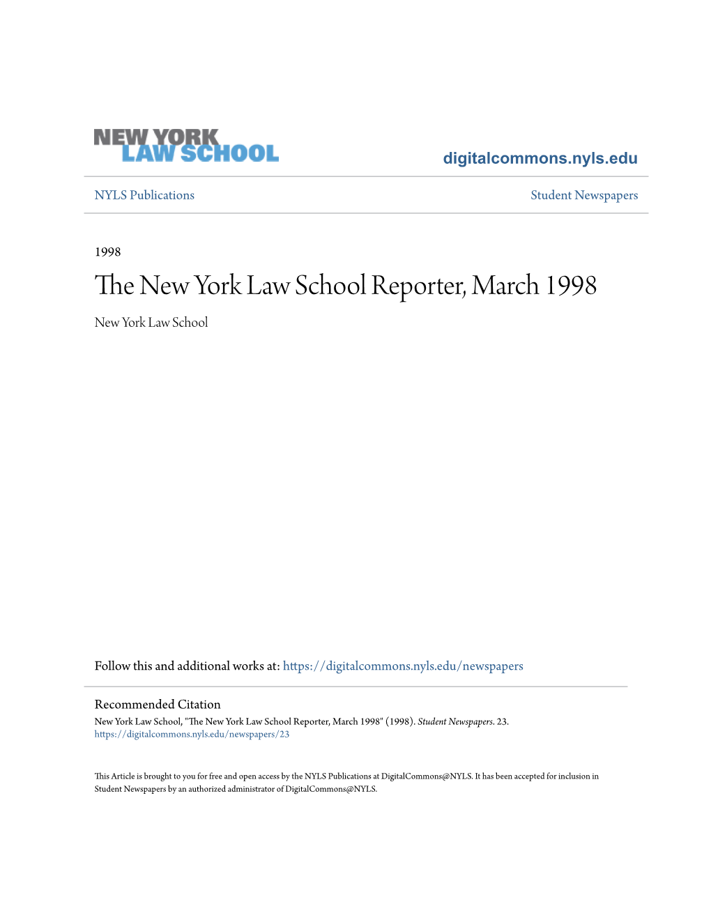 The New York Law School Reporter, March 1998