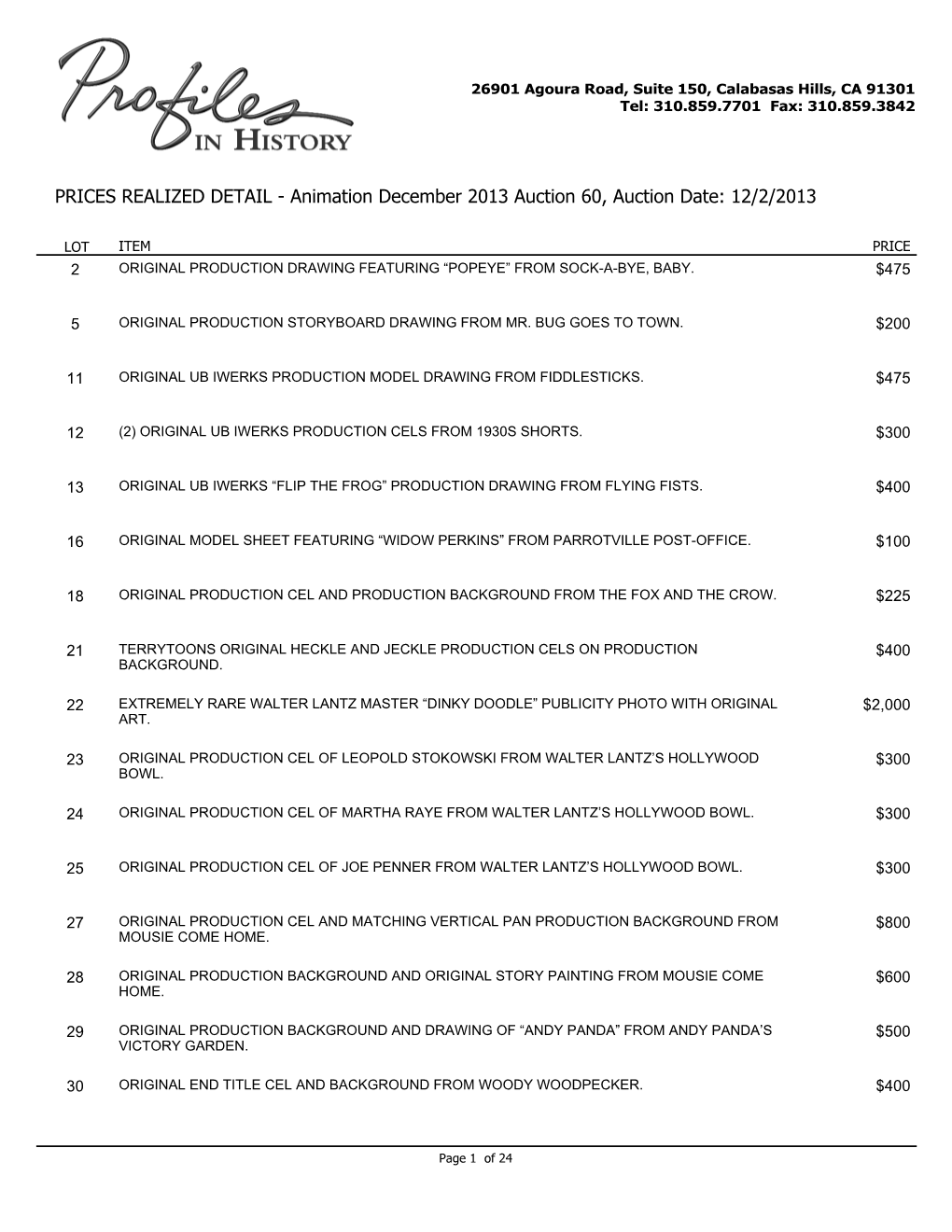 PRICES REALIZED DETAIL - Animation December 2013 Auction 60, Auction Date: 12/2/2013