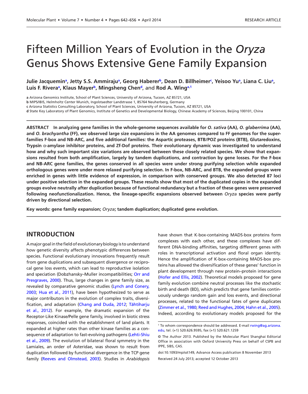 Fifteen Million Years of Evolution in the Oryza Genus Shows Extensive Gene Family Expansion