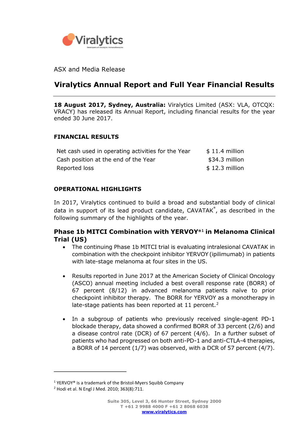Viralytics Annual Report and Full Year Financial Results