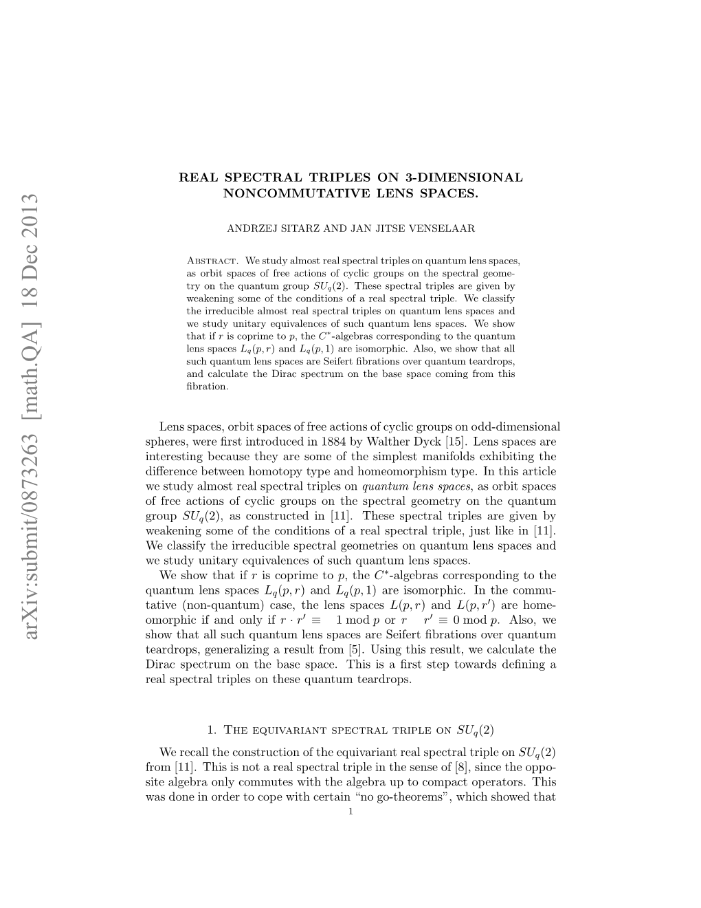 Arxiv:Submit/0873263 [Math.QA] 18 Dec 2013 Aie(O-Unu)Cs,Teln Spaces Lens the Case, (Non-Quantum) Tative Unu Esspaces Lens Quantum Esuyuiayeuvlne Fsc Unu Esspaces