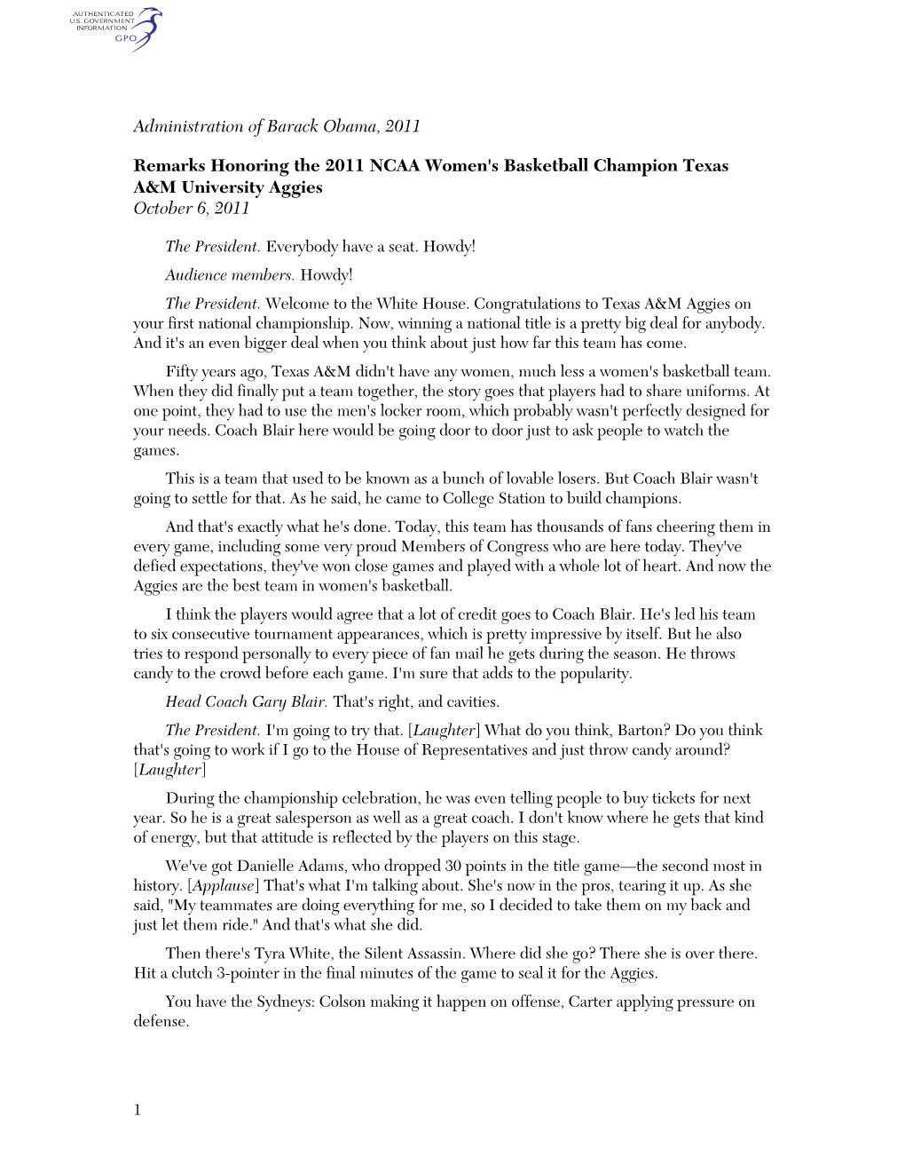 Administration of Barack Obama, 2011 Remarks Honoring the 2011 NCAA Women's Basketball Champion Texas A&M University Aggies