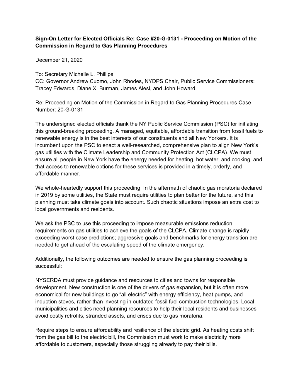 Sign-On Letter for Elected Officials Re: Case #20-G-0131 - Proceeding on Motion of the Commission in Regard to Gas Planning Procedures