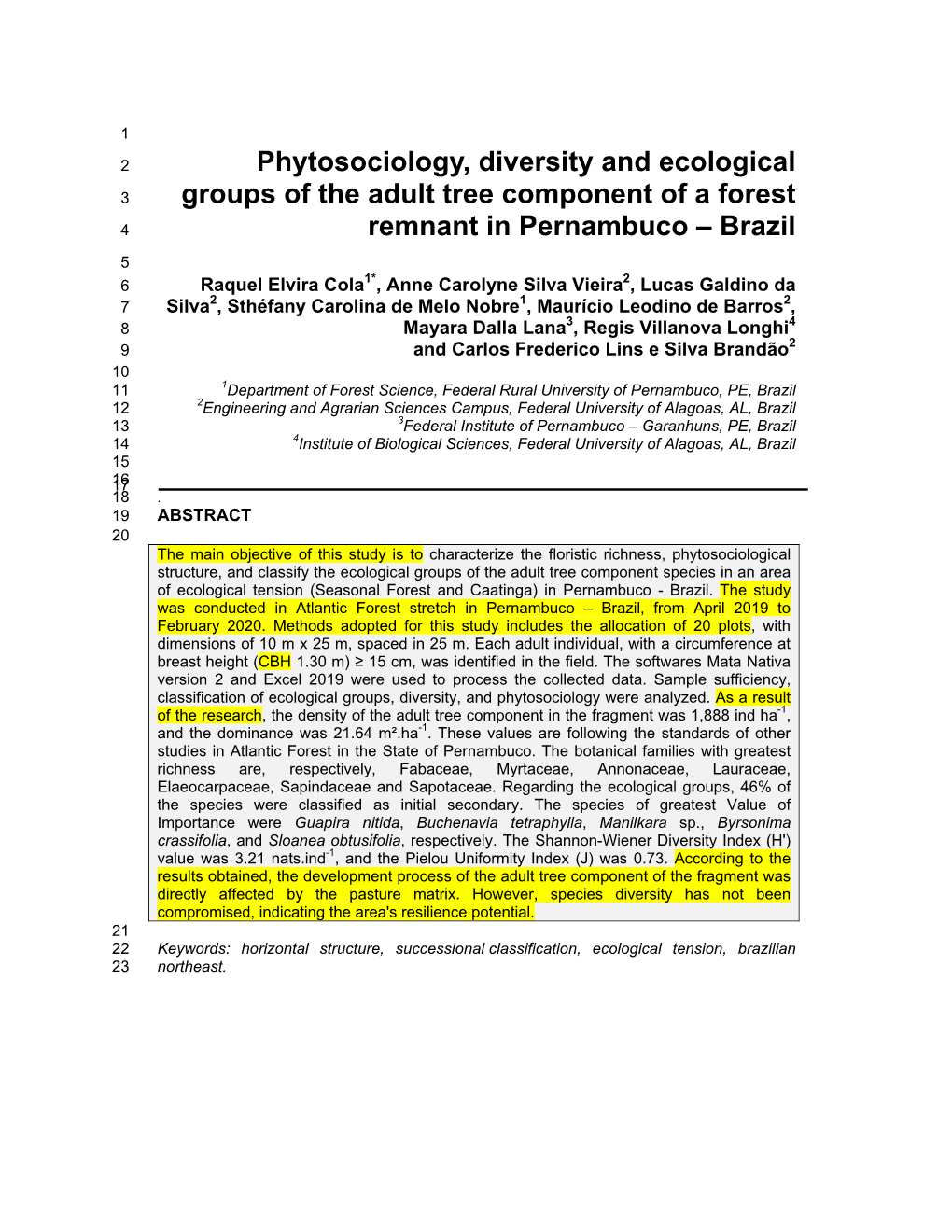 Phytosociology, Diversity and Ecological Groups of the Adult Tree