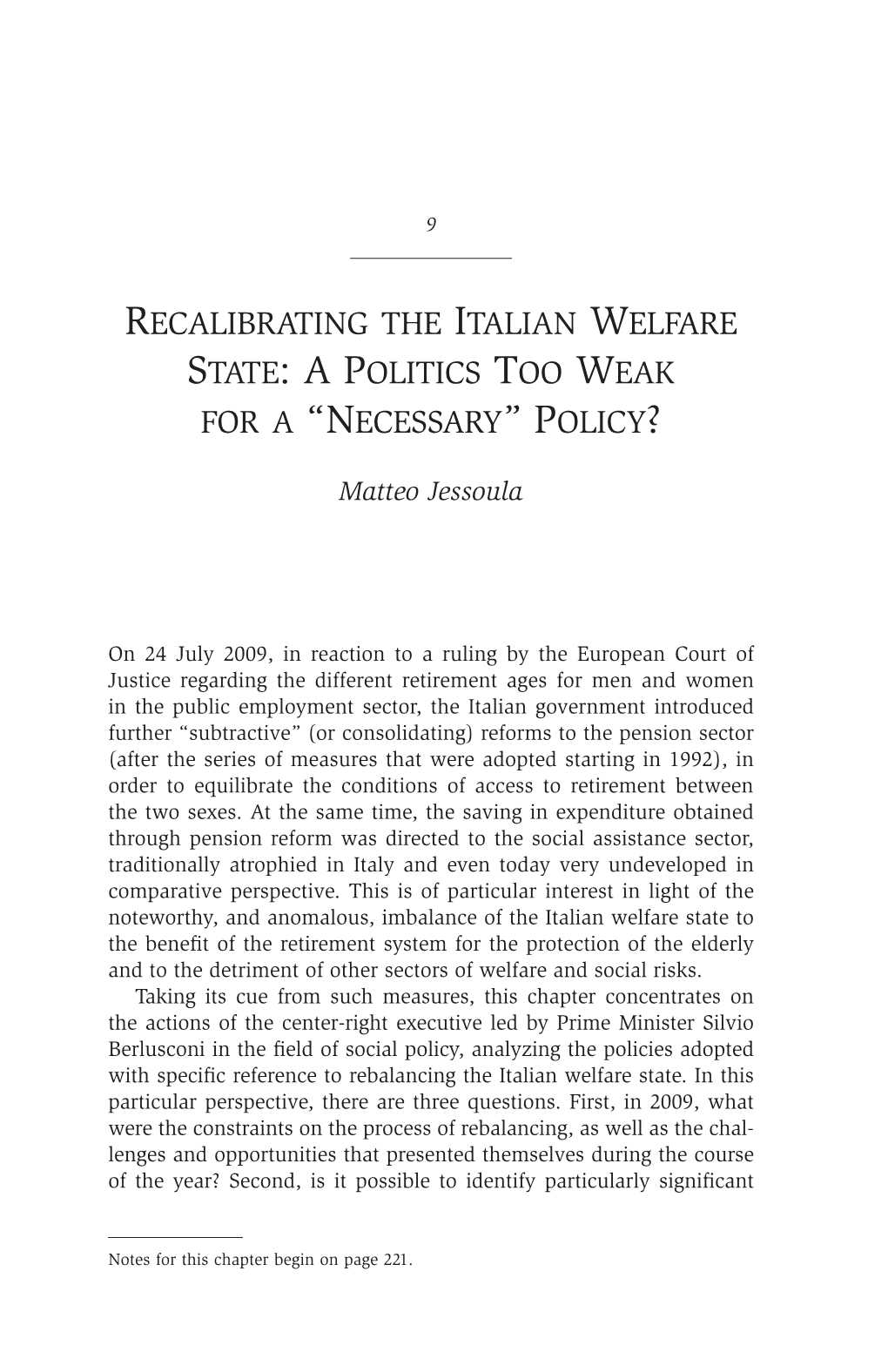 Recalibrating the Italian Welfare State: a Politics