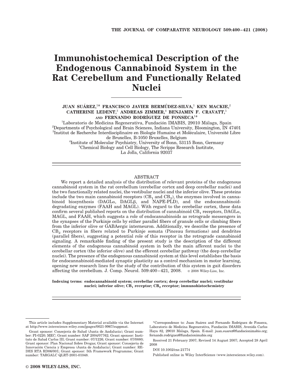 Immunohistochemical Description of the Endogenous Cannabinoid System in the Rat Cerebellum and Functionally Related Nuclei