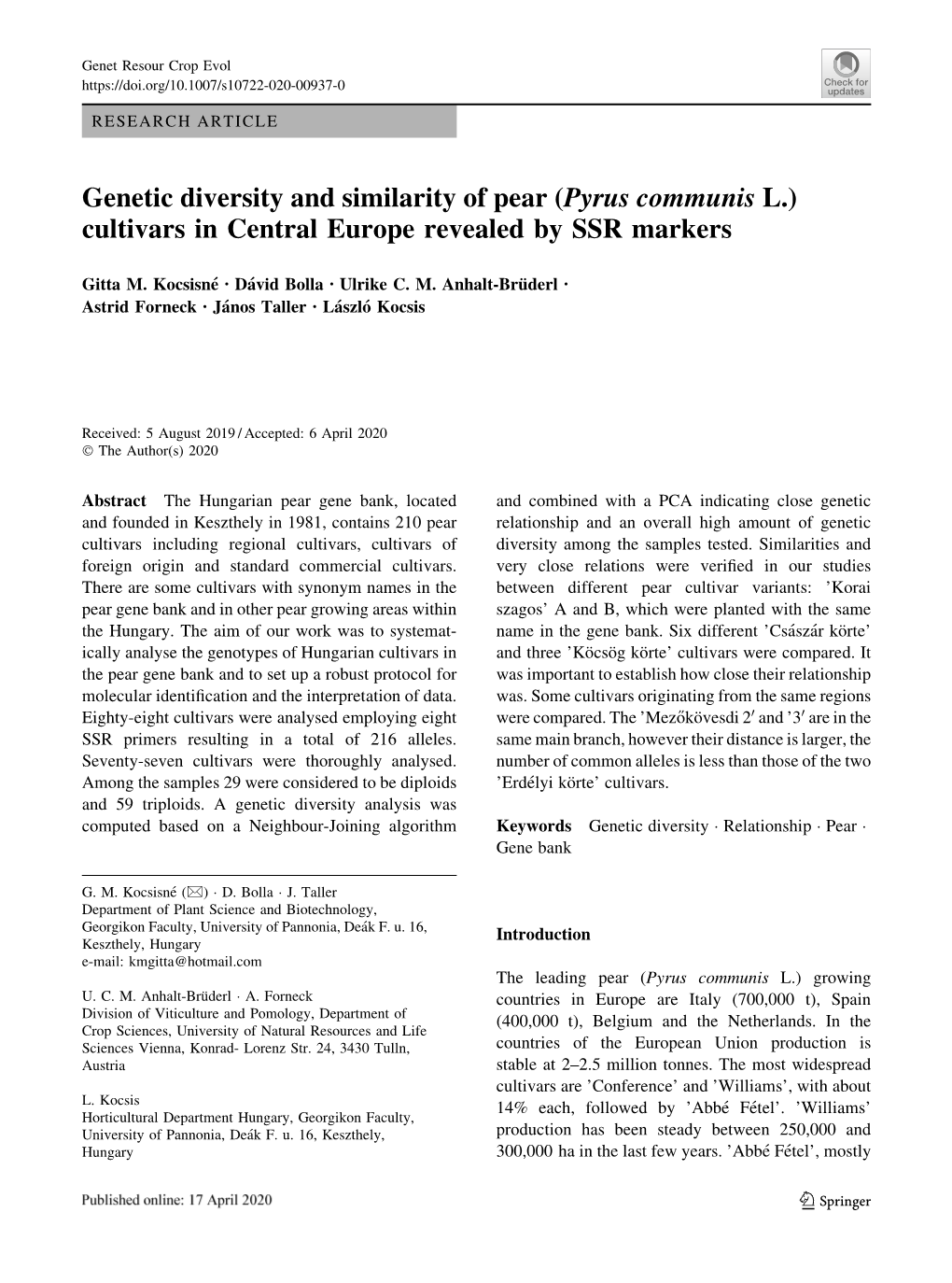 Genetic Diversity and Similarity of Pear (Pyrus Communis L.) Cultivars in Central Europe Revealed by SSR Markers