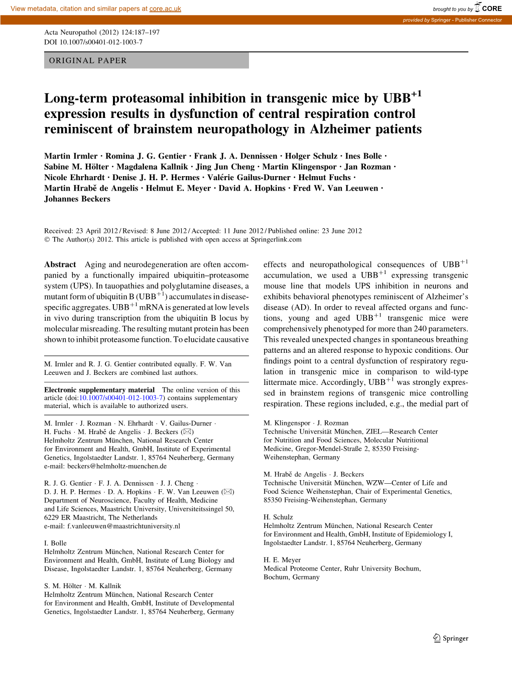 Long-Term Proteasomal Inhibition in Transgenic Mice by UBB Expression