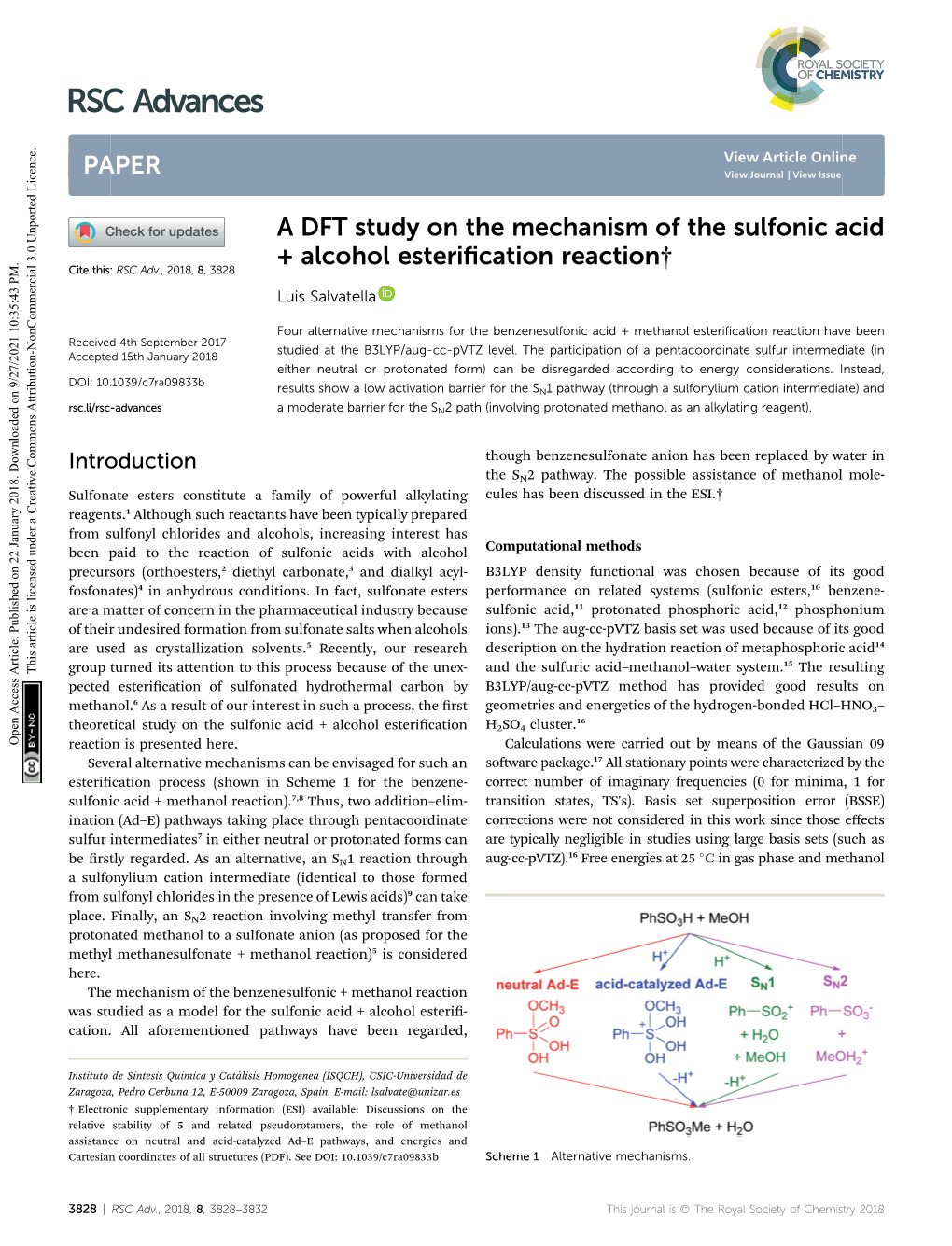 A DFT Study on the Mechanism of the Sulfonic Acid + Alcohol Esterification