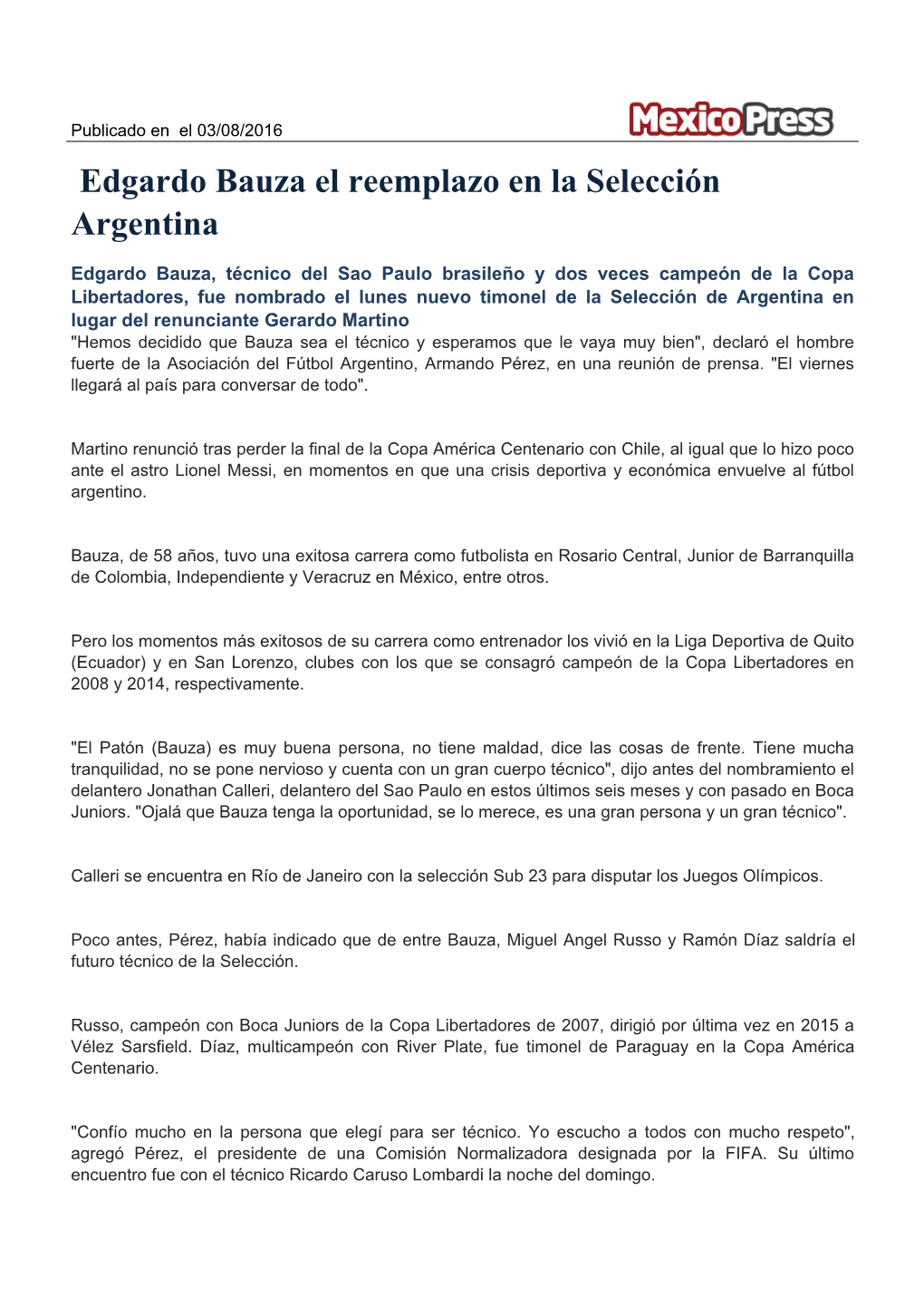 Nota De Prensa Edgardo Bauza El Reemplazo En La Selección Argentina