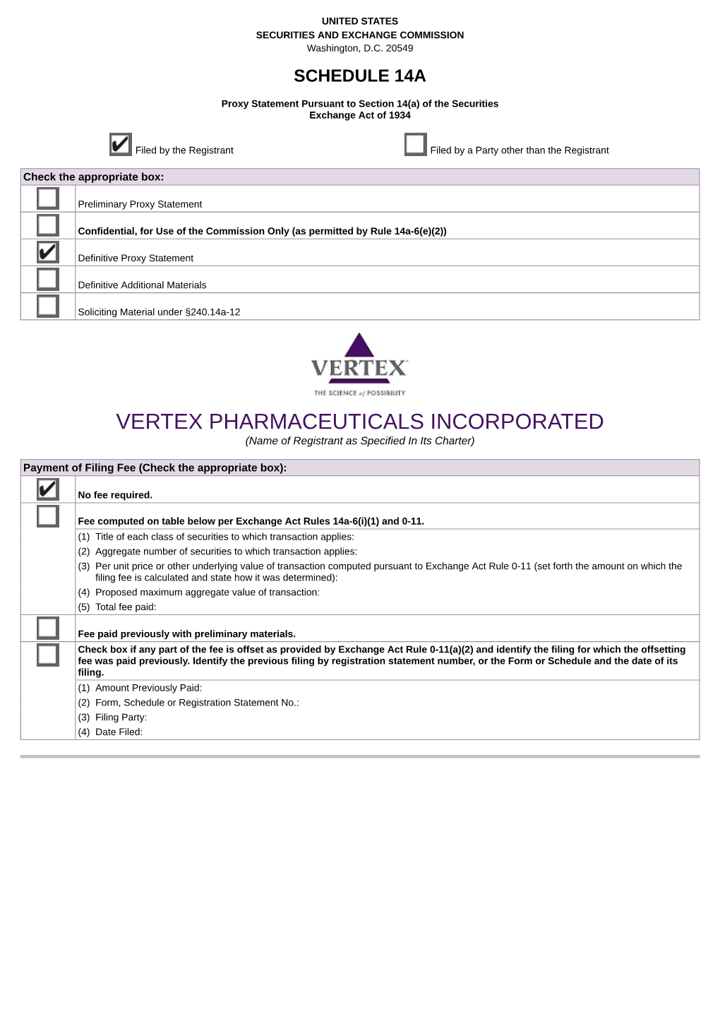 VERTEX PHARMACEUTICALS INCORPORATED (Name of Registrant As Specified in Its Charter)