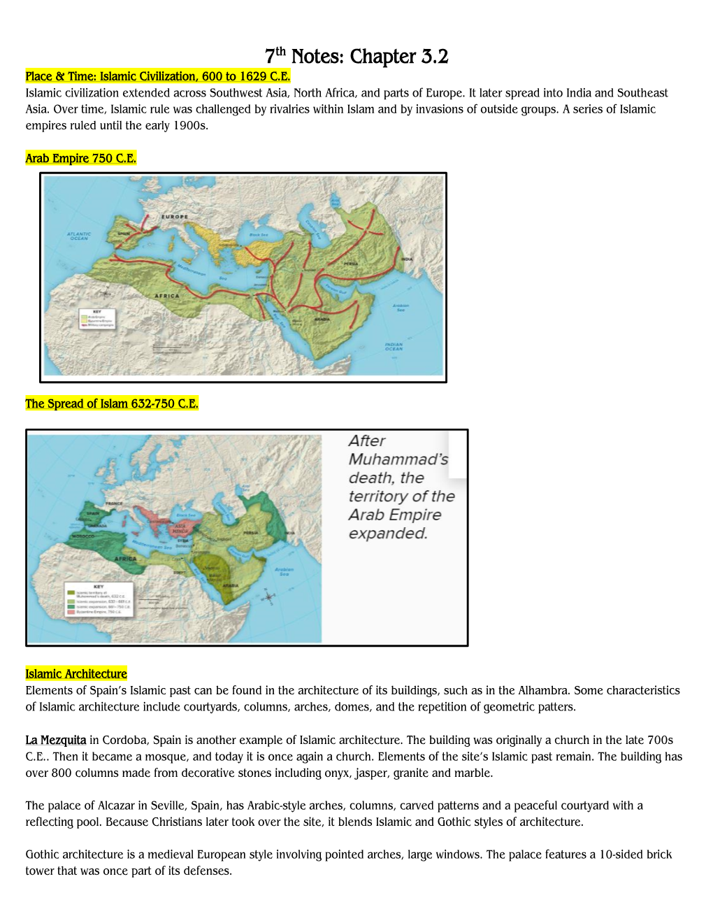 7Th Notes: Chapter 3.2 Place & Time: Islamic Civilization, 600 to 1629 C.E