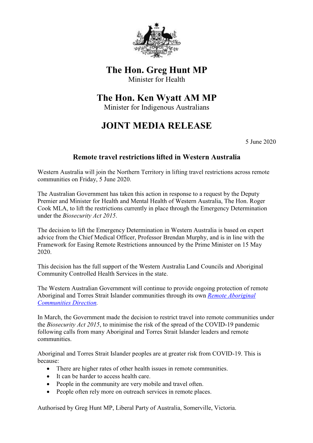 The Hon. Greg Hunt MP the Hon. Ken Wyatt AM MP JOINT MEDIA