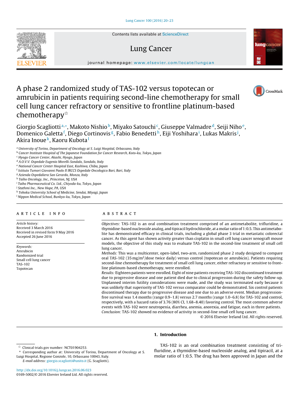 A Phase 2 Randomized Study of TAS-102 Versus Topotecan Or Amrubicin in Patients Requiring Second-Line Chemotherapy for Small