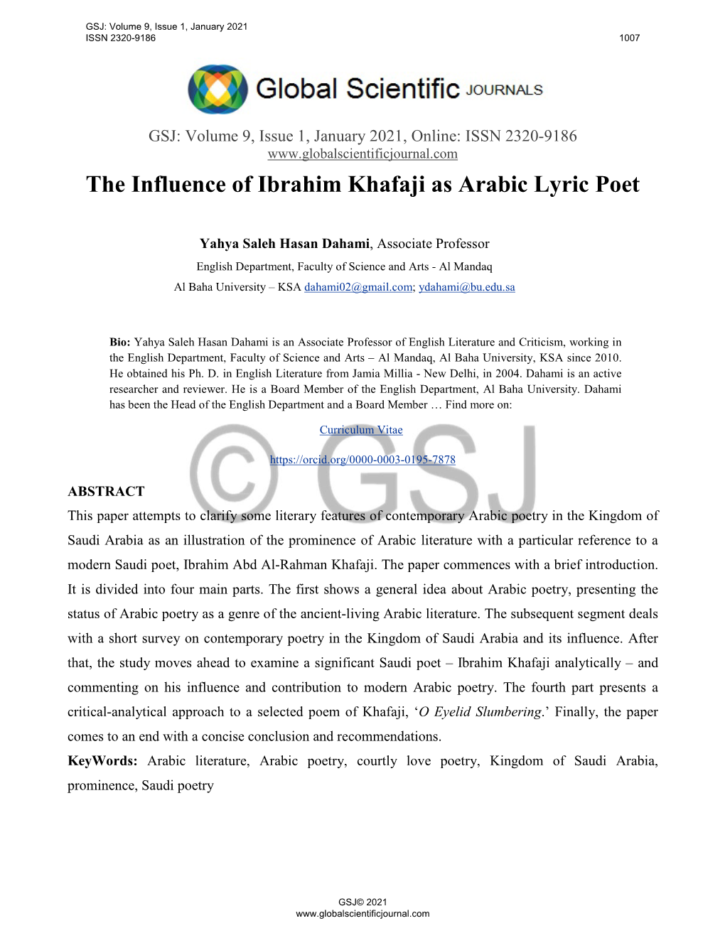 The Influence of Ibrahim Khafaji As Arabic Lyric Poet