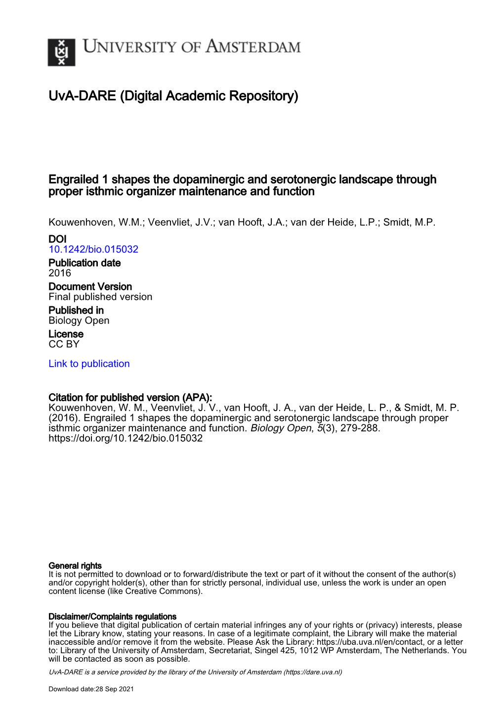 Engrailed 1 Shapes the Dopaminergic and Serotonergic Landscape Through Proper Isthmic Organizer Maintenance and Function