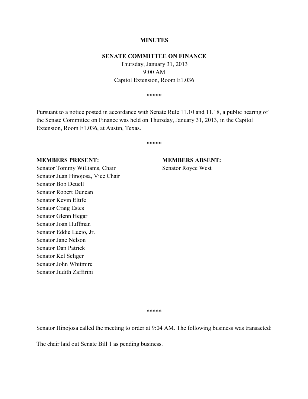 MINUTES SENATE COMMITTEE on FINANCE Thursday, January 31