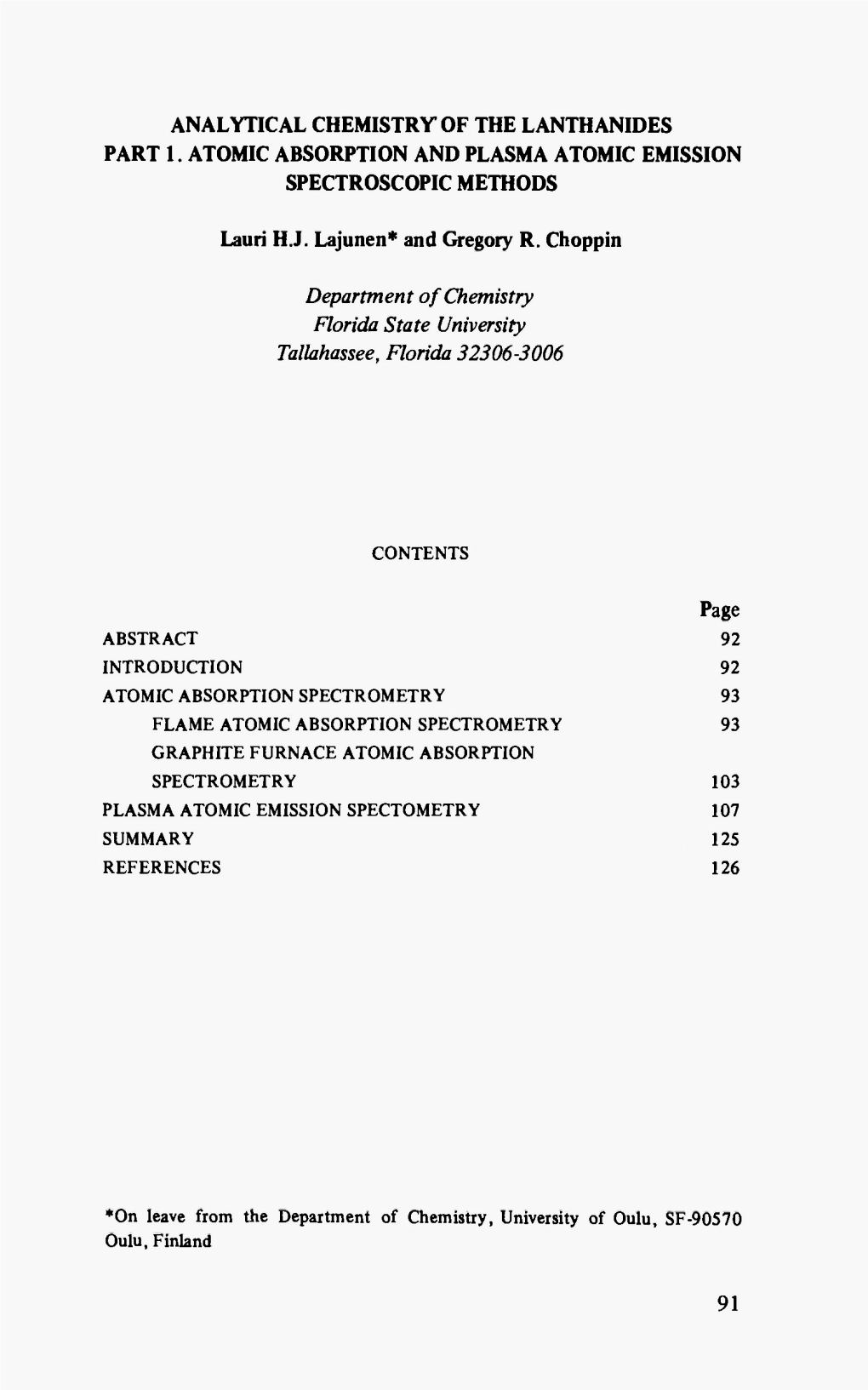 Analytical Chemistry of the Lanthanides Part 1. Atomic Absorption and Plasma Atomic Emission Spectroscopic Methods