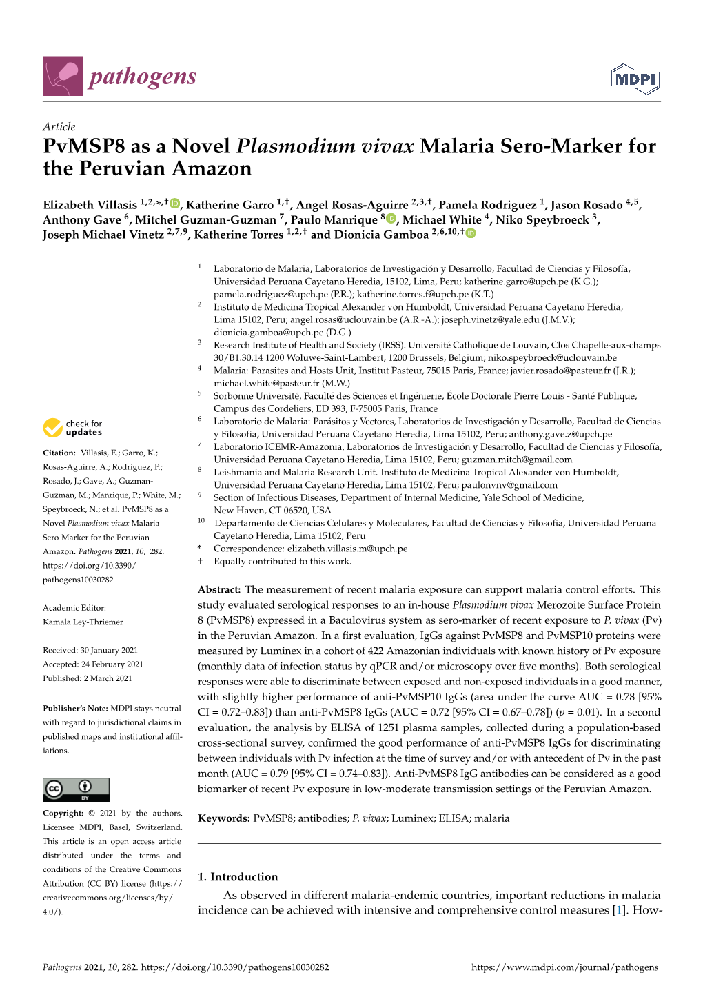 Pvmsp8 As a Novel Plasmodium Vivax Malaria Sero-Marker for the Peruvian Amazon