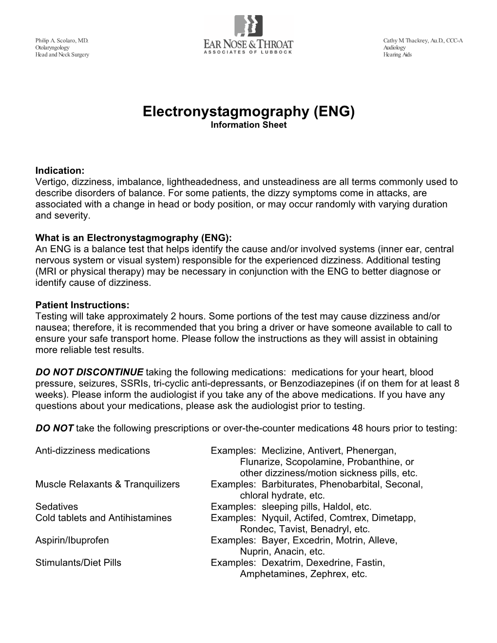 Electronystagmography (ENG) Information Sheet