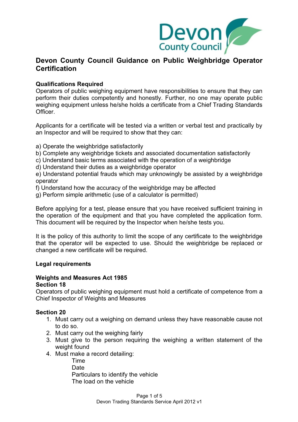 Guidance on Public Weighbridge Operator Certification