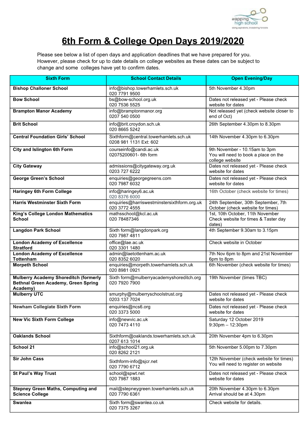 6Th Form & College Open Days 2019/2020