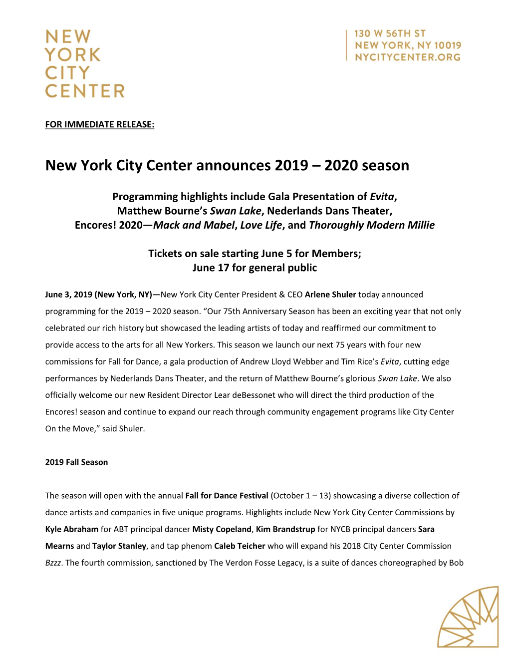 New York City Center Announces 2019 – 2020 Season