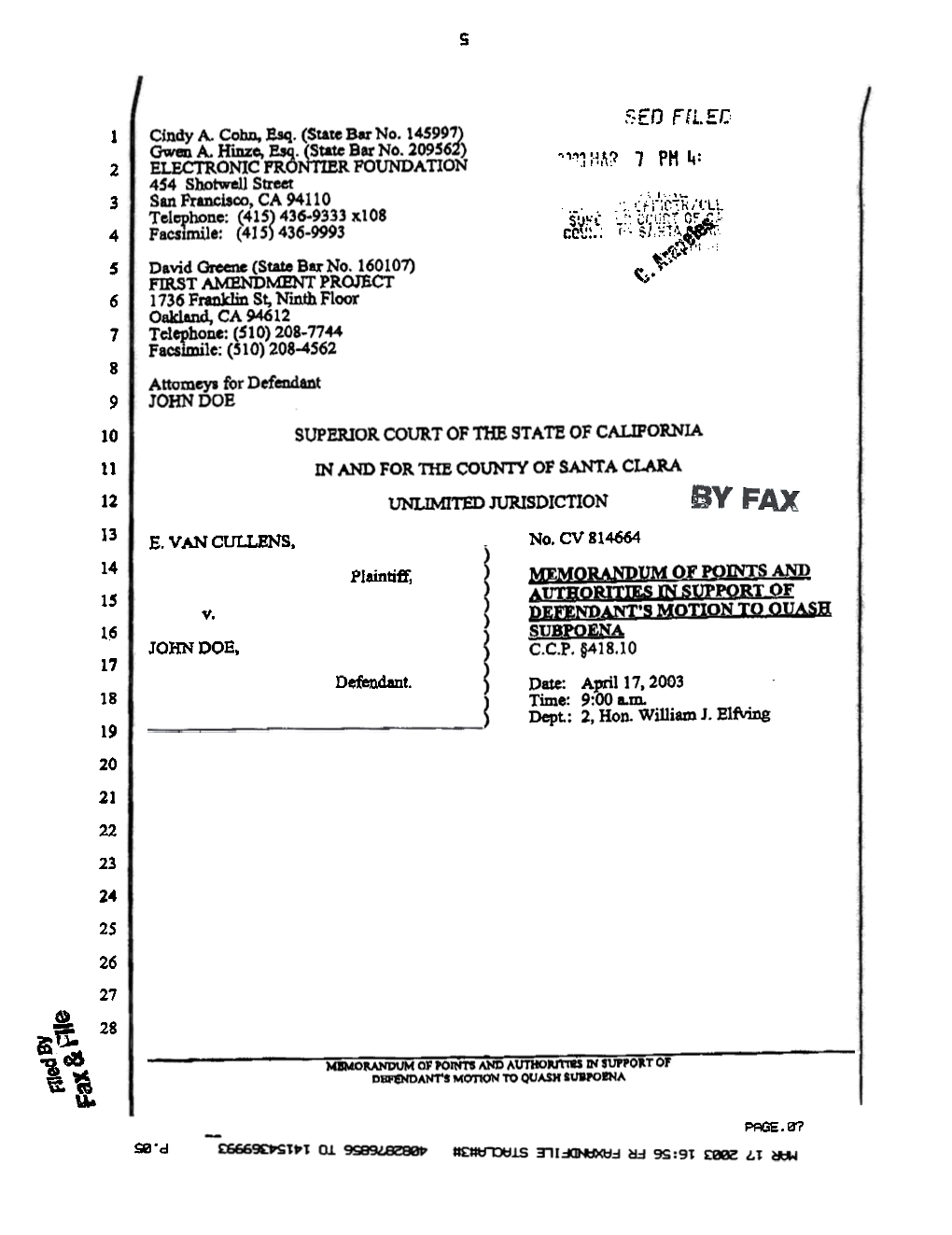 MORANDYM OF~~S ~ FUTHORITIES in SUPPORT O~ 15 ~ND:A.Ntts MOTION to QUASH V