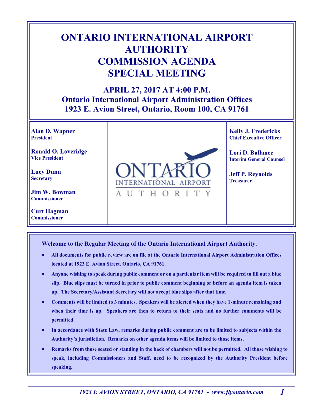 Ontario International Airport Authority Commission Agenda Special Meeting