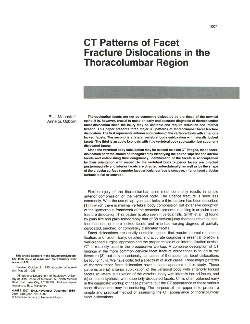 CT Patterns of Facet Fracture Dislocations in the Thoracolumbar Region