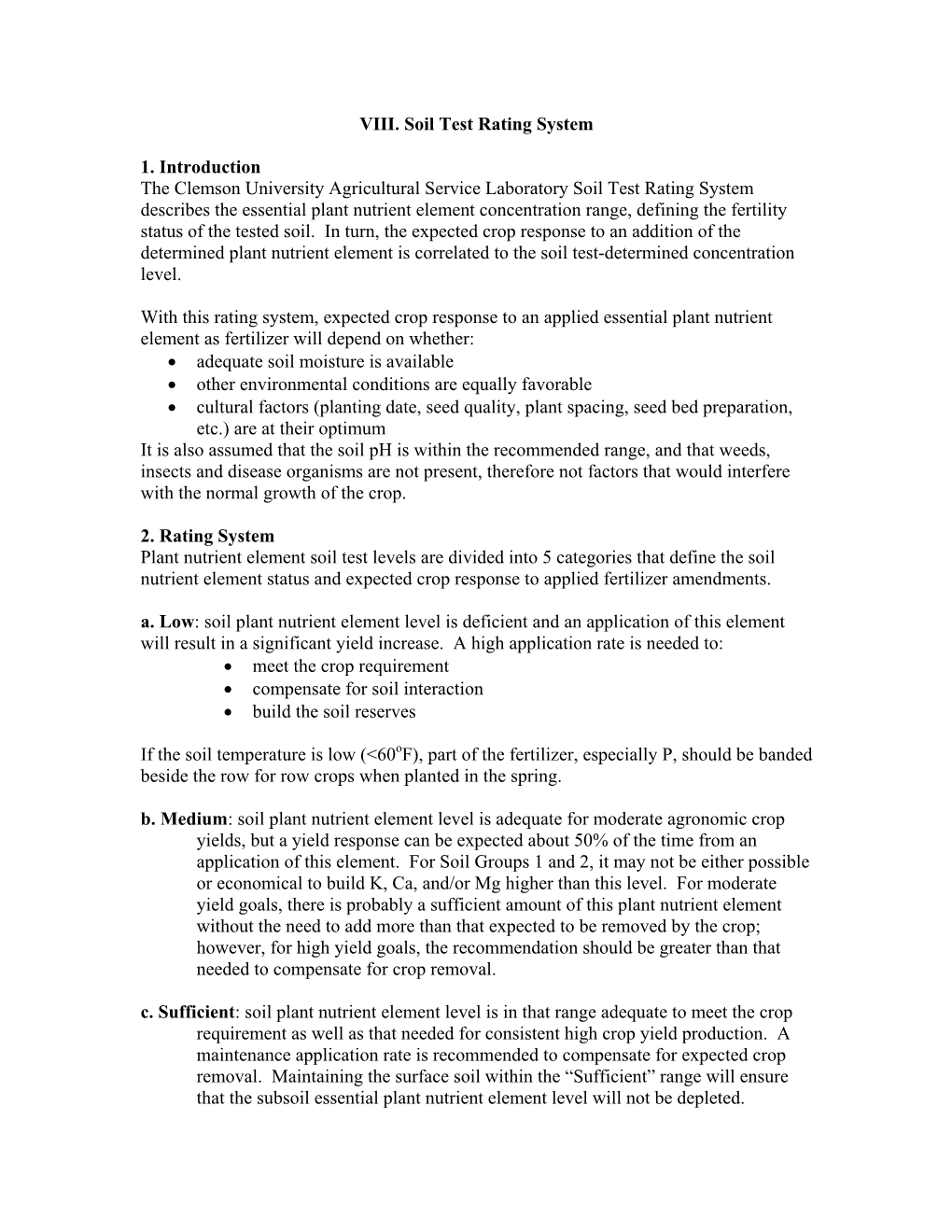 VIII. Soil Test Rating System