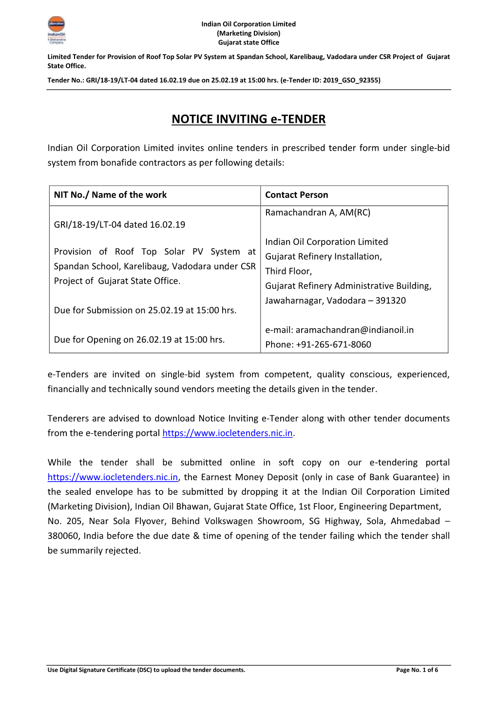 NOTICE INVITING E-TENDER