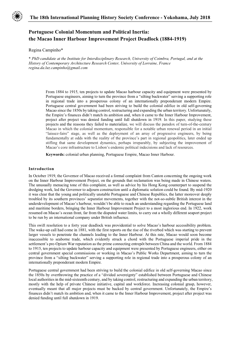 Portuguese Colonial Momentum and Political Inertia: the Macao Inner Harbour Improvement Project Deadlock (1884-1919)