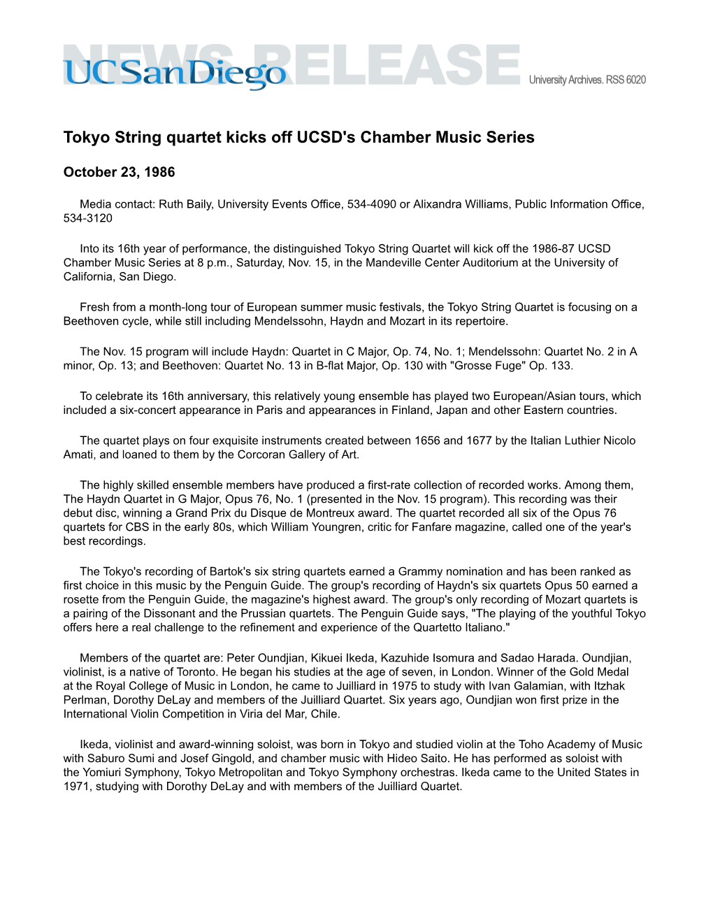 Tokyo String Quartet Kicks Off UCSD's Chamber Music Series