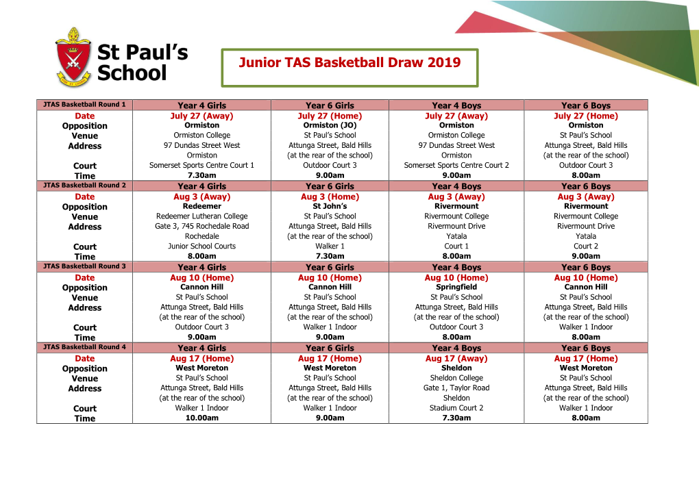 Junior TAS Basketball Draw 2019