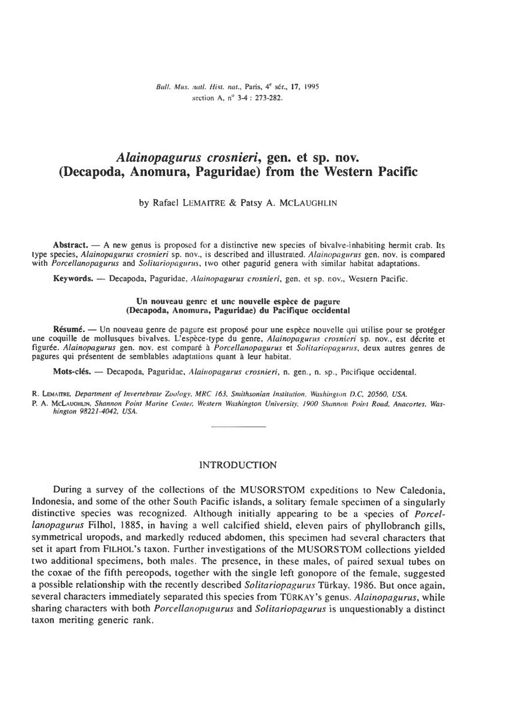 Alainopagurus Crosnieri^ Gen. Et Sp. Nov. (Decapoda, Anomura, Paguridae) from the Western Pacific