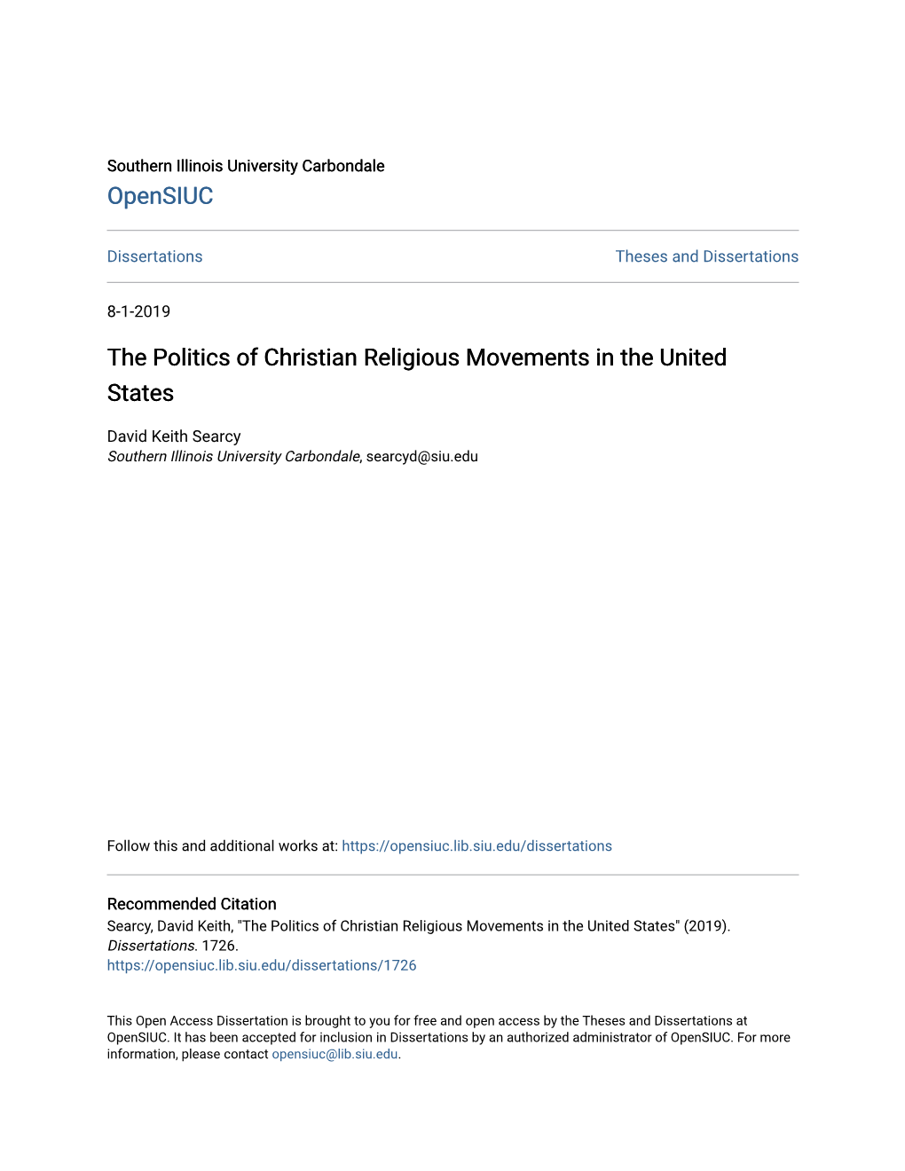 The Politics of Christian Religious Movements in the United States