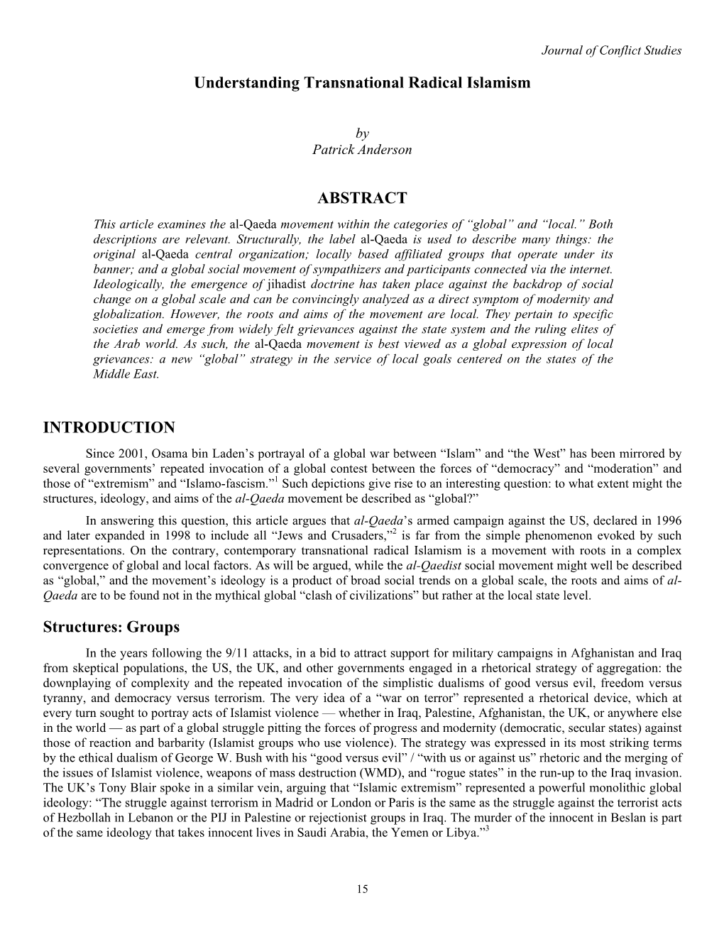 Understanding Transnational Radical Islamism ABSTRACT