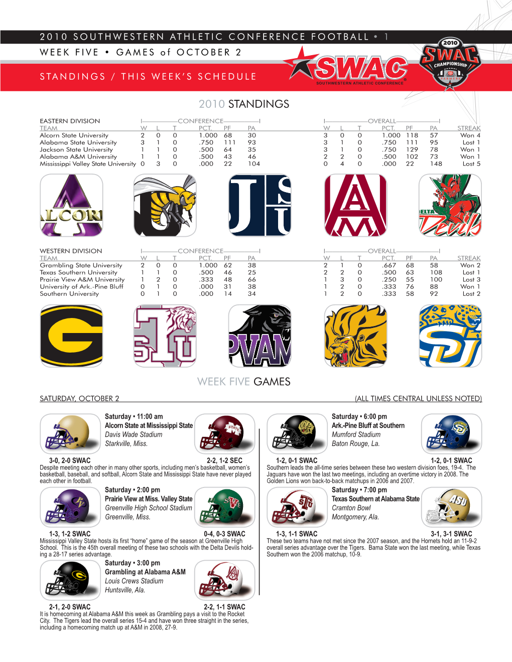 2010 Standings Week Five Games