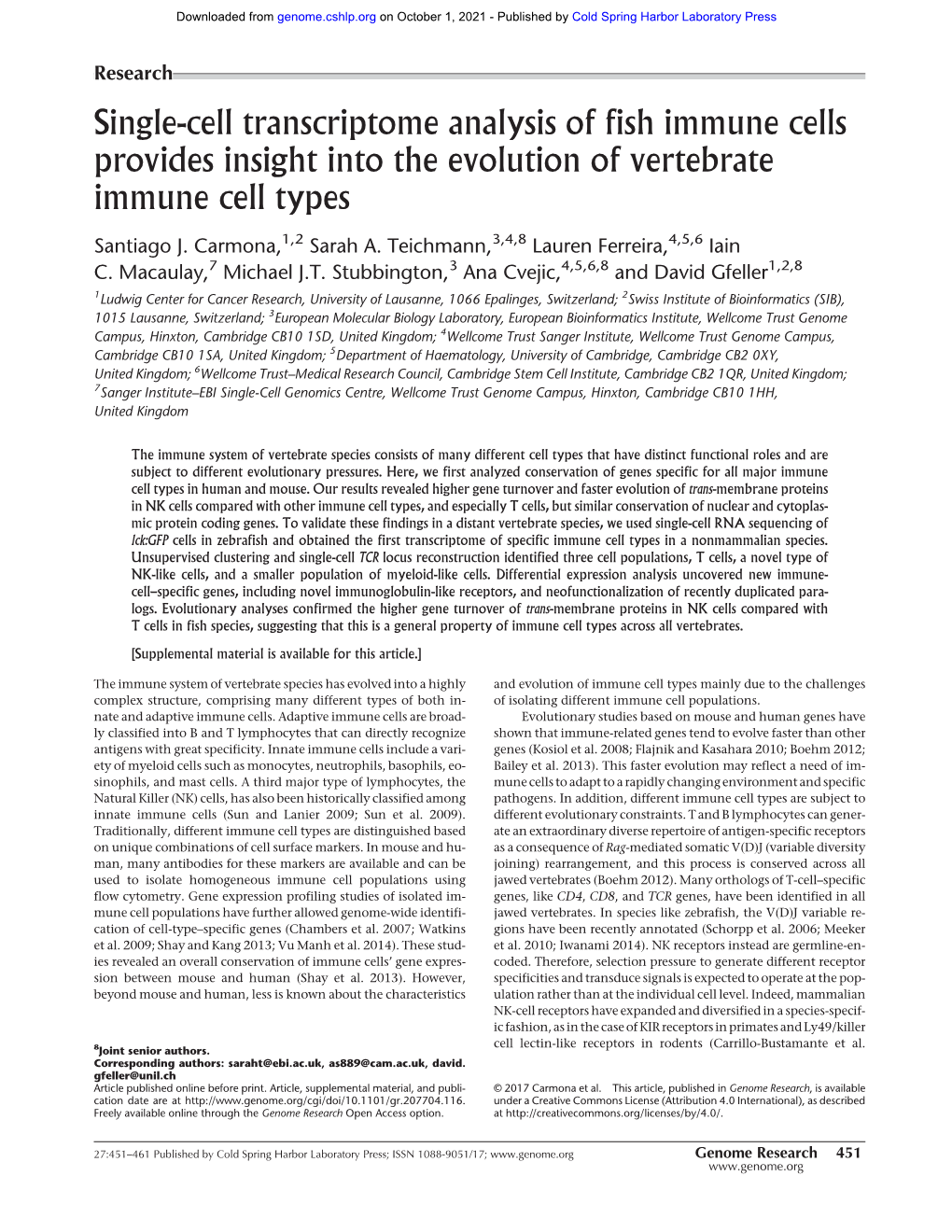 Single-Cell Transcriptome Analysis of Fish Immune Cells Provides Insight Into the Evolution of Vertebrate Immune Cell Types