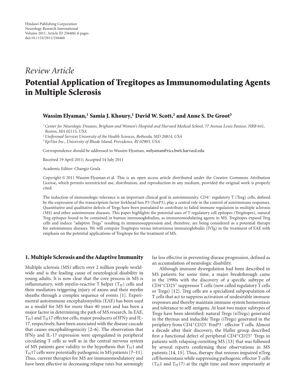 Potential Application of Tregitopes As Immunomodulating Agents in Multiple Sclerosis