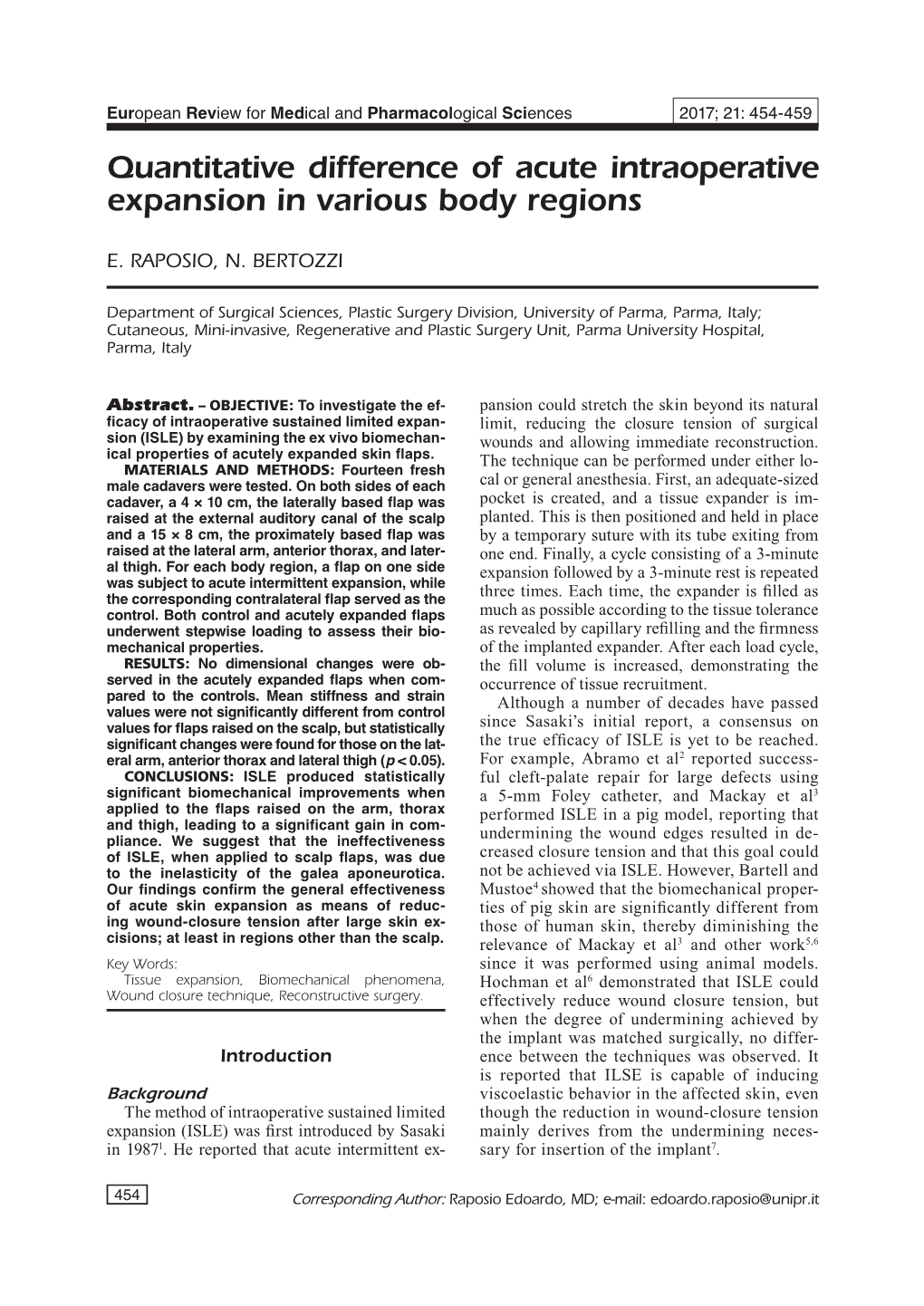 Quantitative Difference of Acute Intraoperative Expansion in Various Body Regions