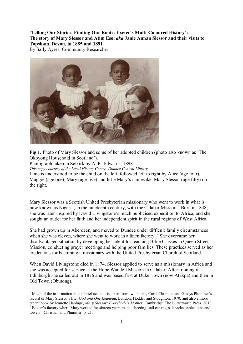 The Story of Mary Slessor and Atim Eso, Aka Janie Annan Slessor and Their Visits to Topsham, Devon, in 1885 and 1891